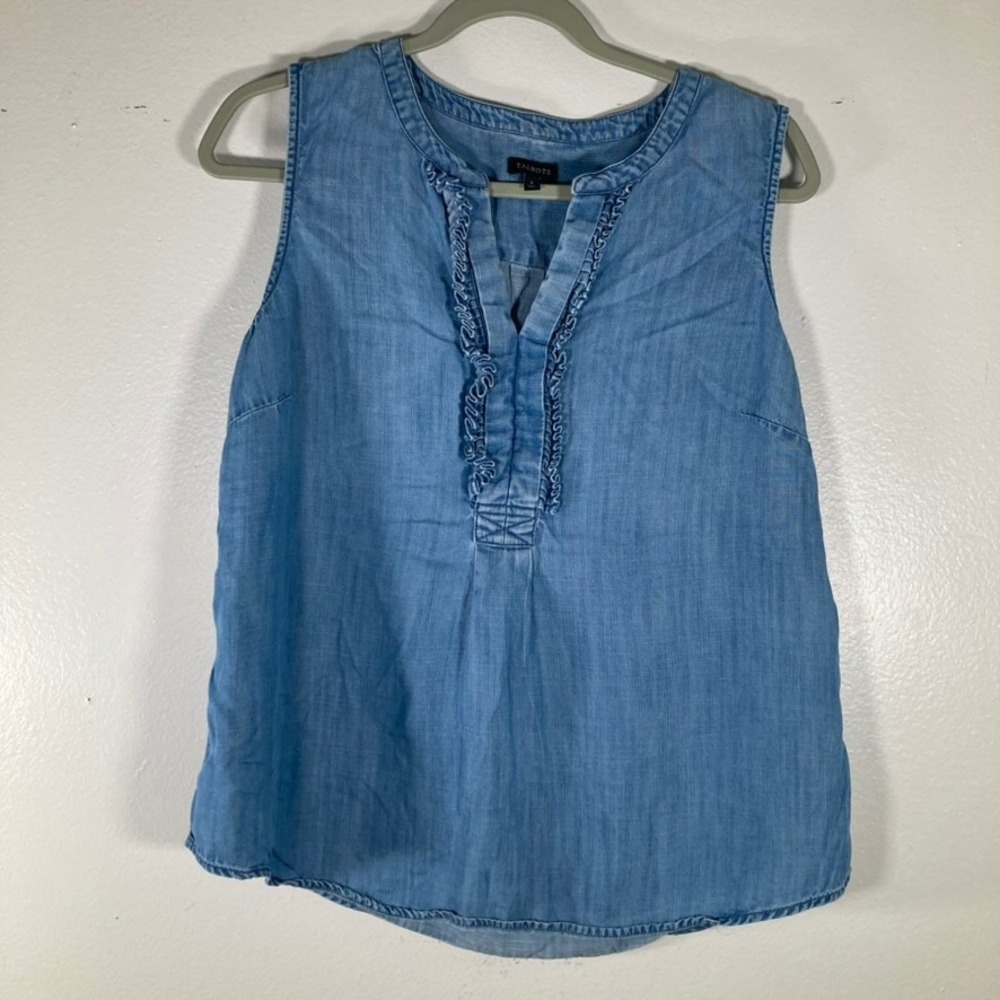 Talbots Womens Blue Tencel Ruffle Trim Sleeveless Chambray Blouse Large